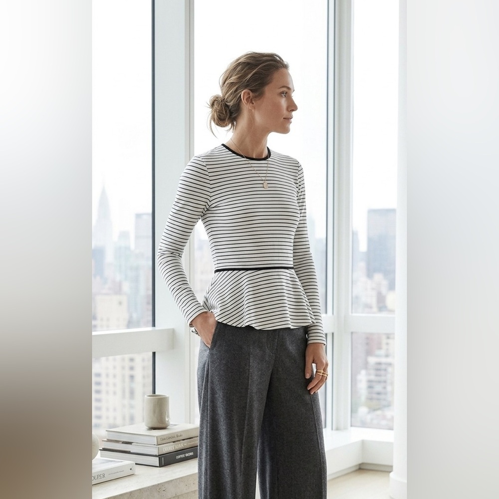 The Row Cream and Black Striped Peplum Crewneck Long Sleeve Blouse